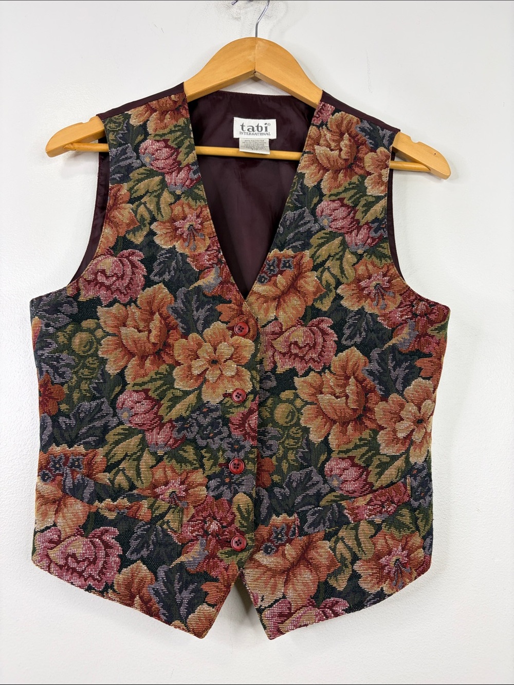 Vintage Tapestry Vest Womens Small Red Green Orange Floral 90s Preppy Waistcoat